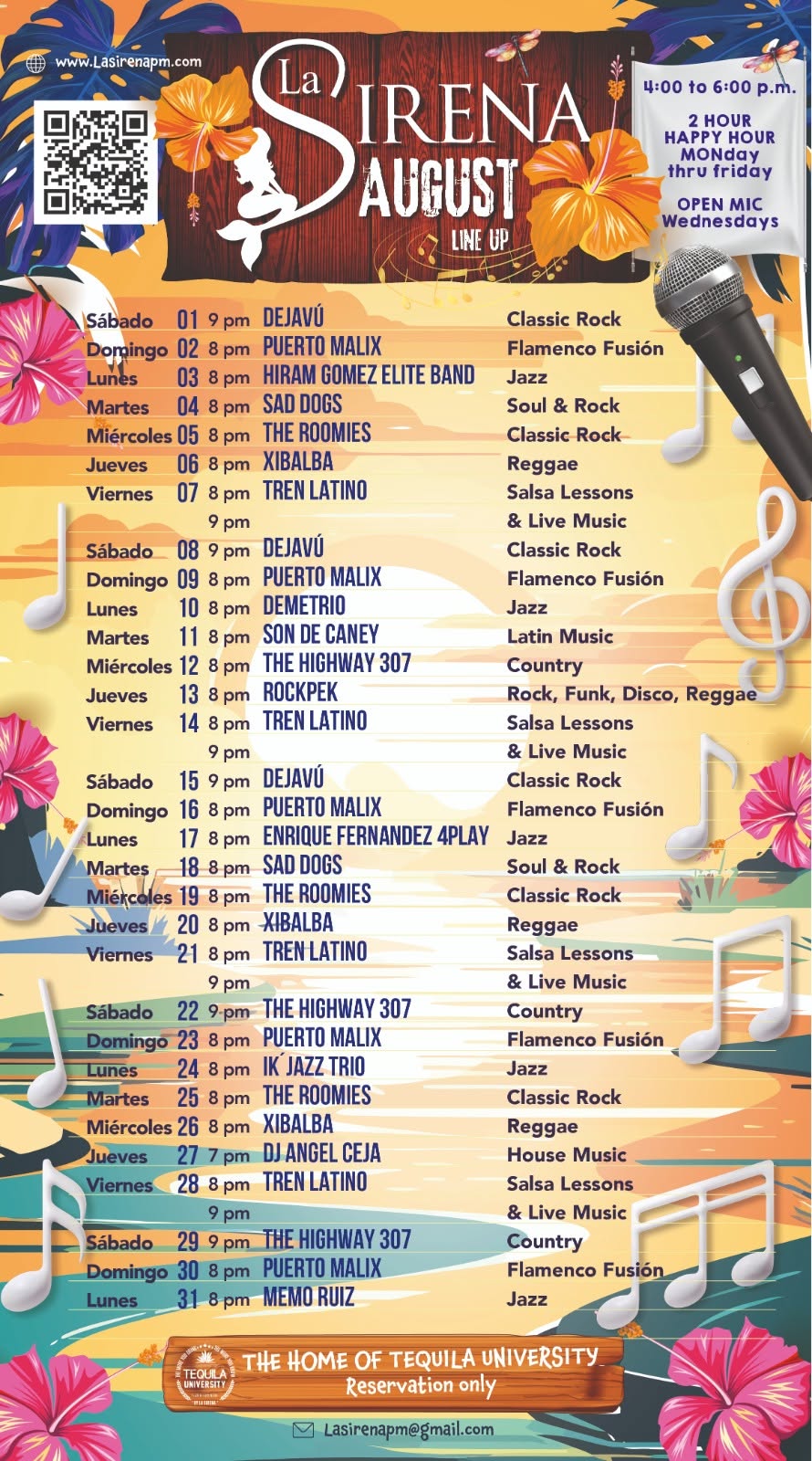 La Sirena Puerto Morelos live music schedule August 2026 musica en vivo