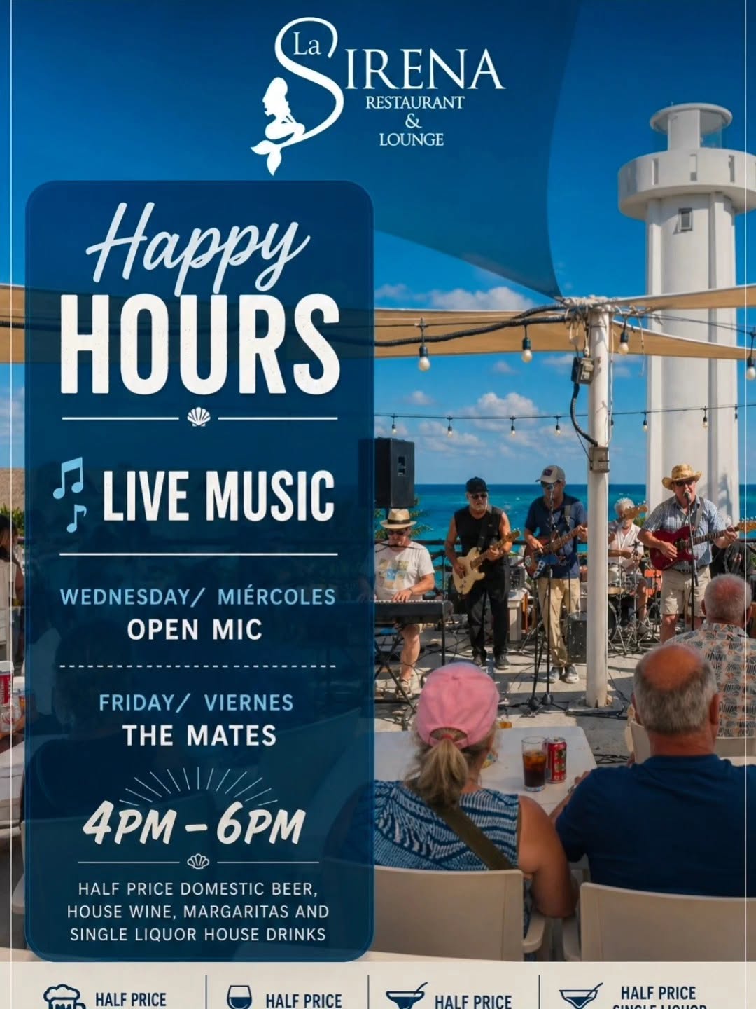 La Sirena Puerto Morelos restaurant event venue happy hours and live music August 2026