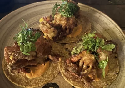 three crab tacos topped with greens in a round plate