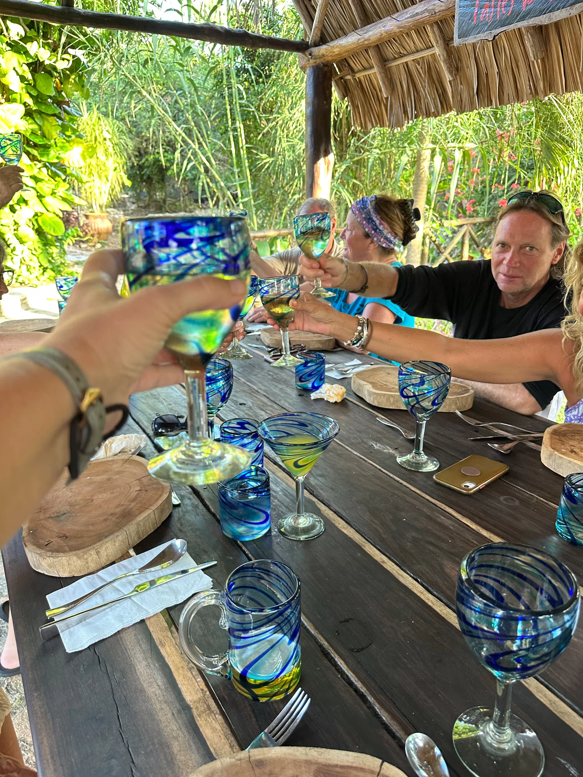 Several visitors raising their glasses in a toast.