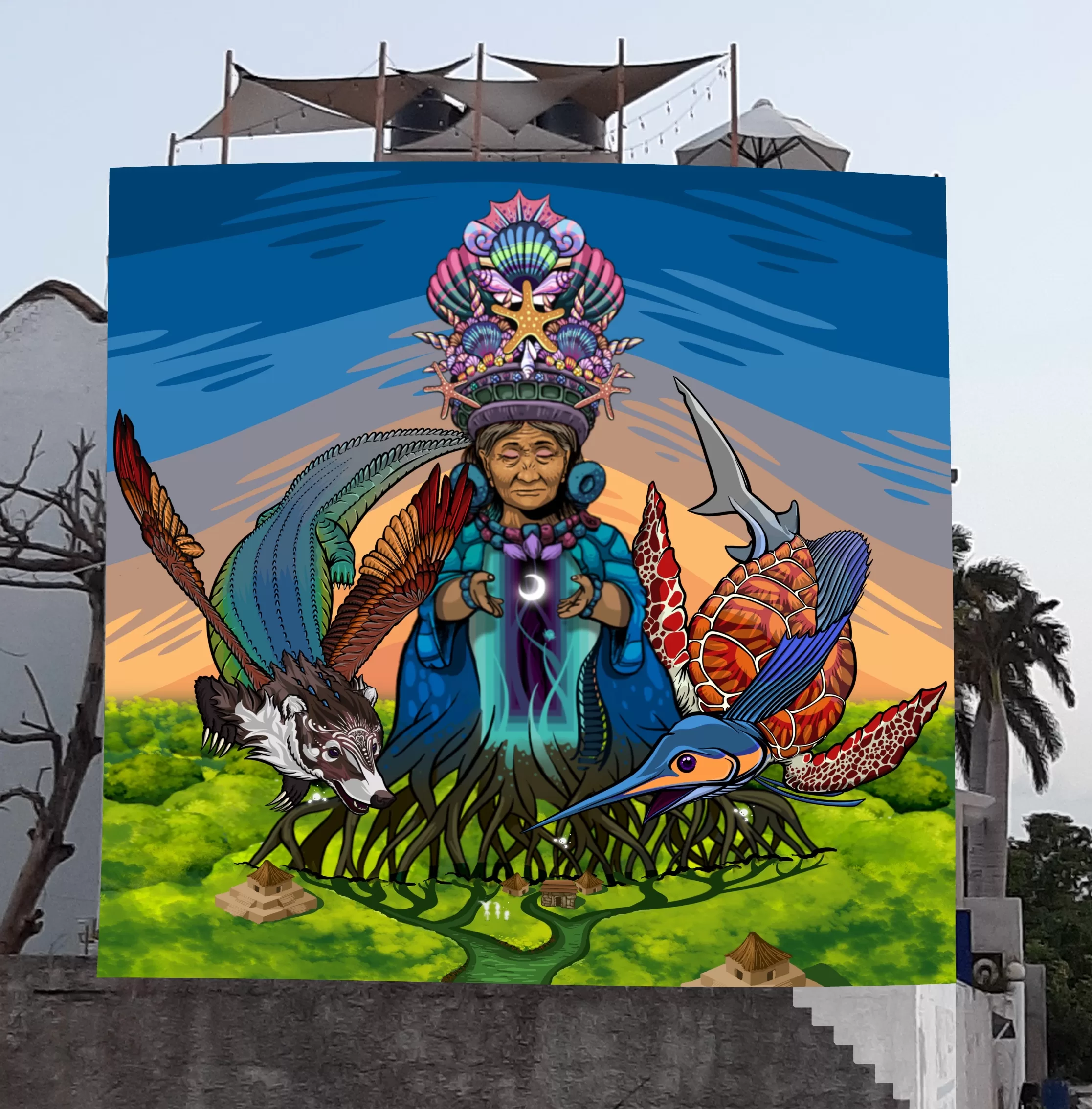 The objective of this mural project is to represent the spirit of Puerto Morelos. She wears a dress made of the mangrove and a crown decorated with the coral reef. From her heart emanates the peace of the crescent moon, illuminating the town with her peaceful light. On her sides there are two mystical guardians, one made by species from the sea and the other from species of the mangrove. They protect and keep this beautiful land safe, while offering a warm welcome to everyone visiting Puerto Morelos.