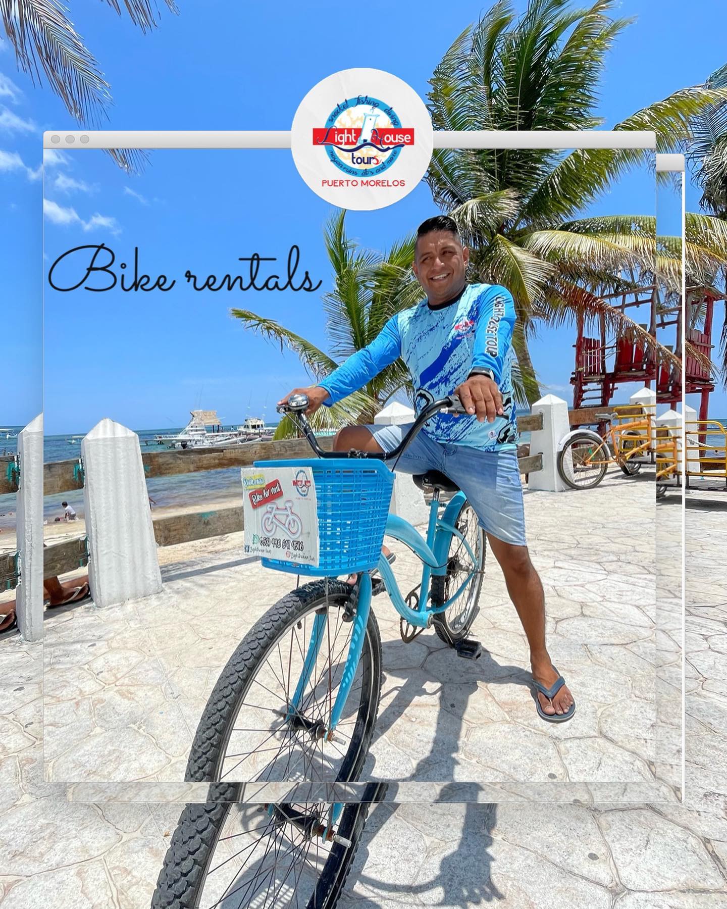 Image of 2 blue bicycles with signs indicating that you can rent them from Lighthouse Tours in Puerto Morelos.