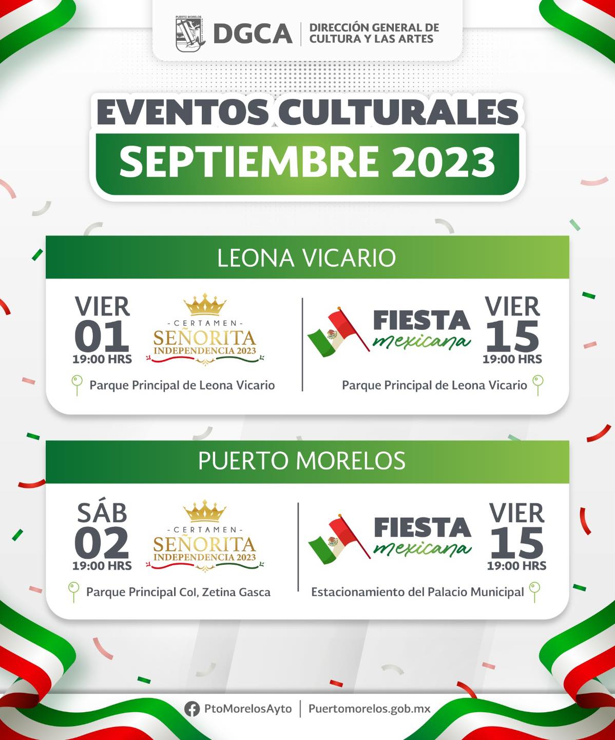 Flyer for Puerto Morelos Mexican Independence Day events in Puerto Morelos and Leona Vicario.