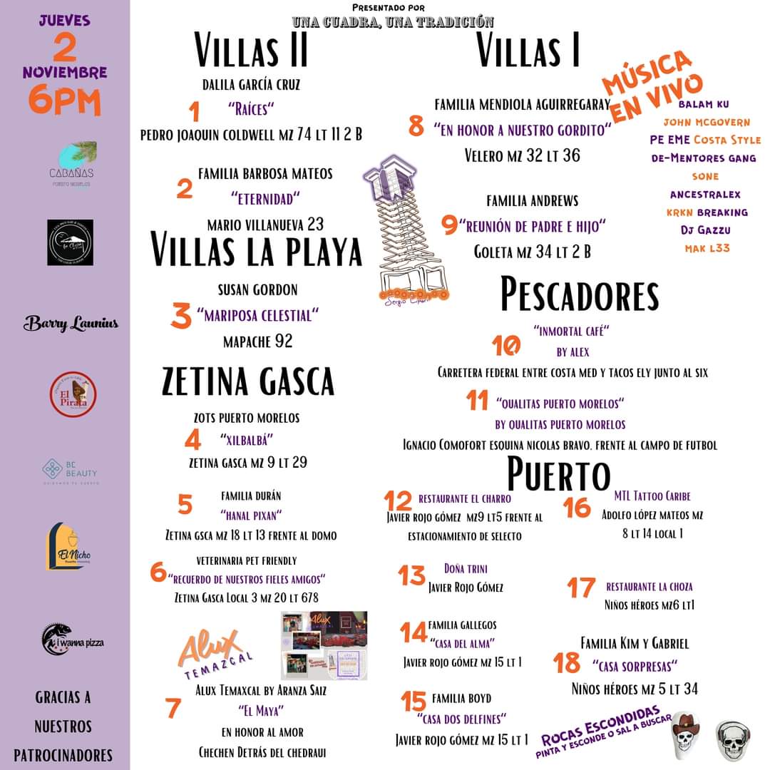 This image contains the details of the name and addresses of the altars participating in the 5th Annual Una Cuadra Una Tradicion Altar Walk 2023.