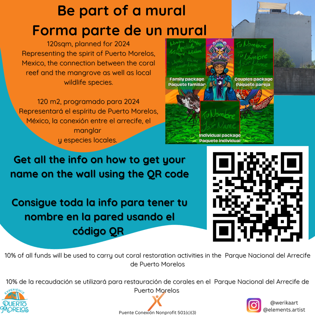 Image of a flyer about Mural Project Puerto Morelos 2023, including a QR code you can scan which will take you to the website with additional infomration.