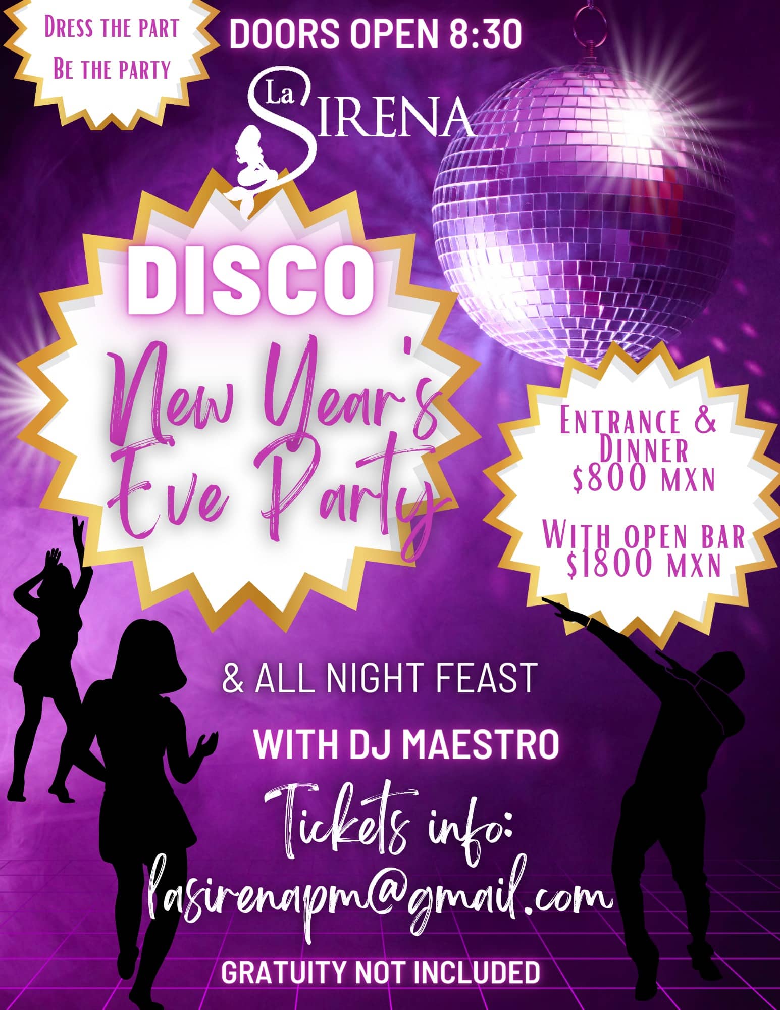Flyer for La Sirena NYE Party 2023 main floor area.