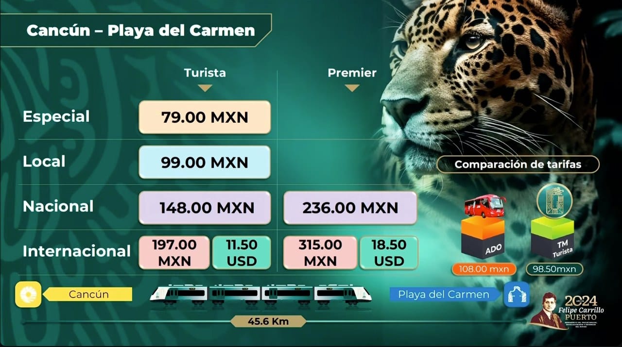 Infographic from Tren Maya about the fares from Cancun to Playa del Carmen.