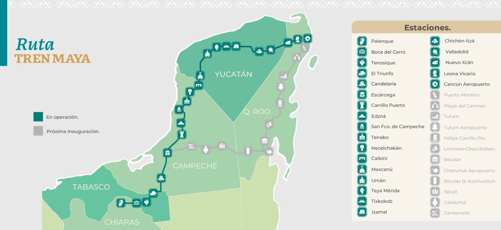 Infographic from Tren Maya about the cities and train stations along the Mayan Train routes.