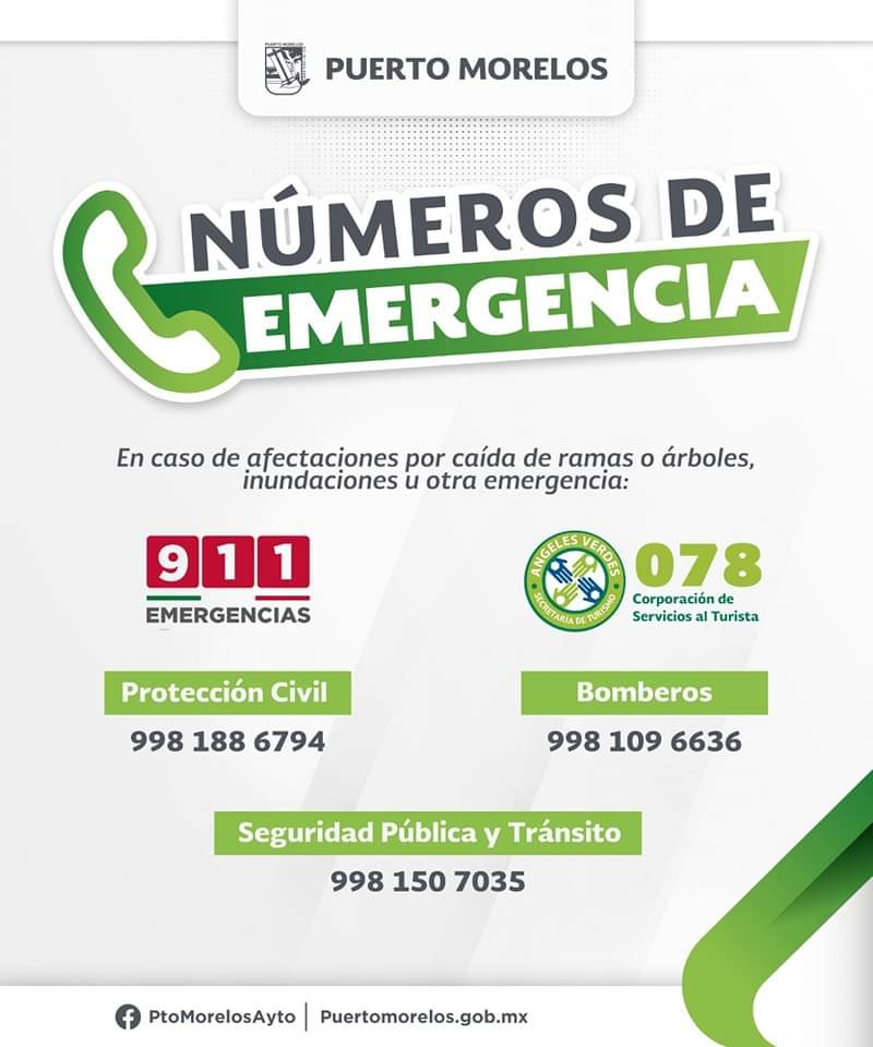The city of Puerto Morelos lists emergency numbers for emergencies (911), Tourist Services (078), Civil Protection (+529981886794), Fire Department (+529981096636) and Public Safety/Transportation (+529981507035).
