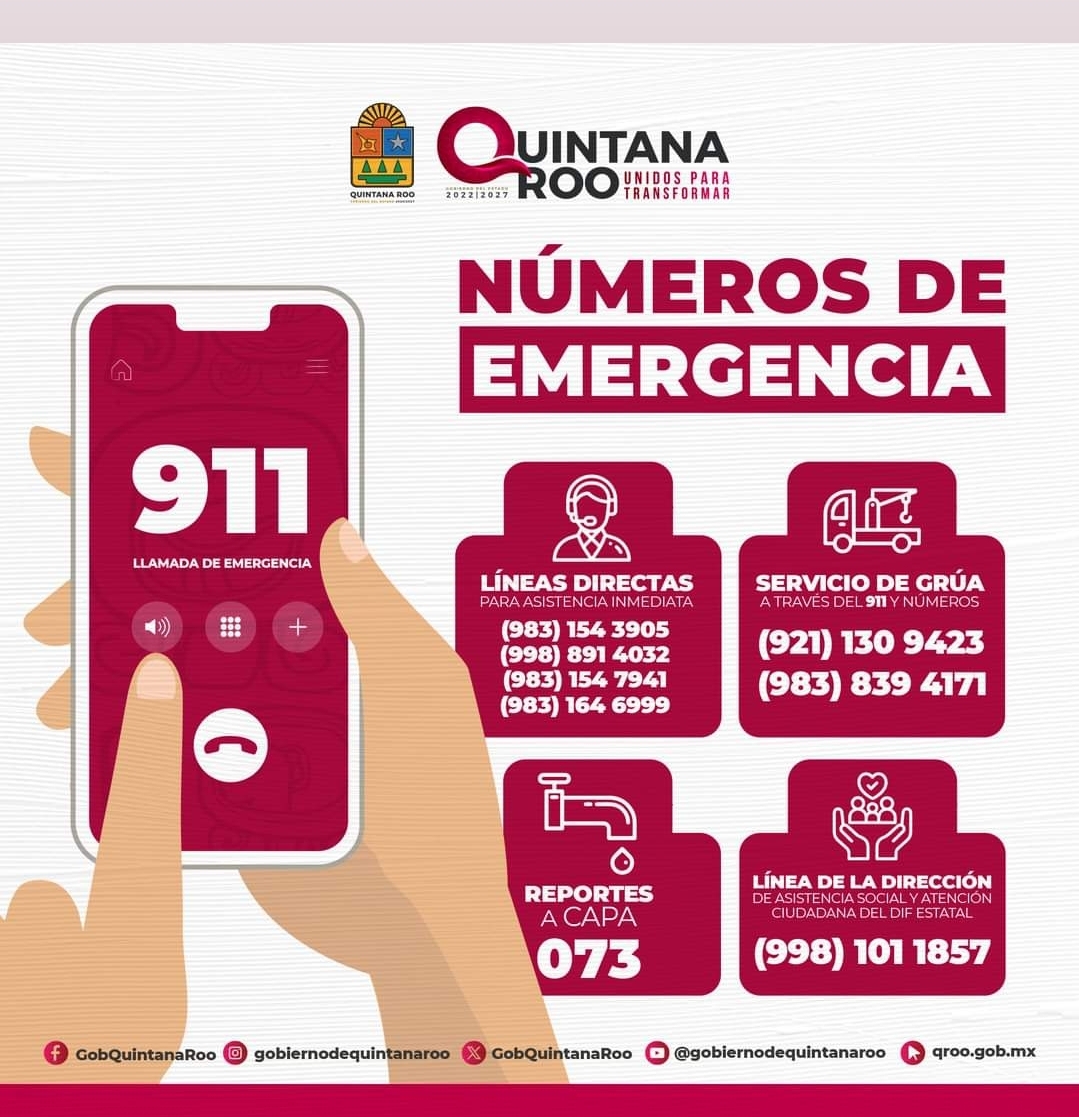 Emergency numbers from the government of Quintana Roo for tow trucks, water leaks, social issues, as well as accidents, crime, and medical emergencies.