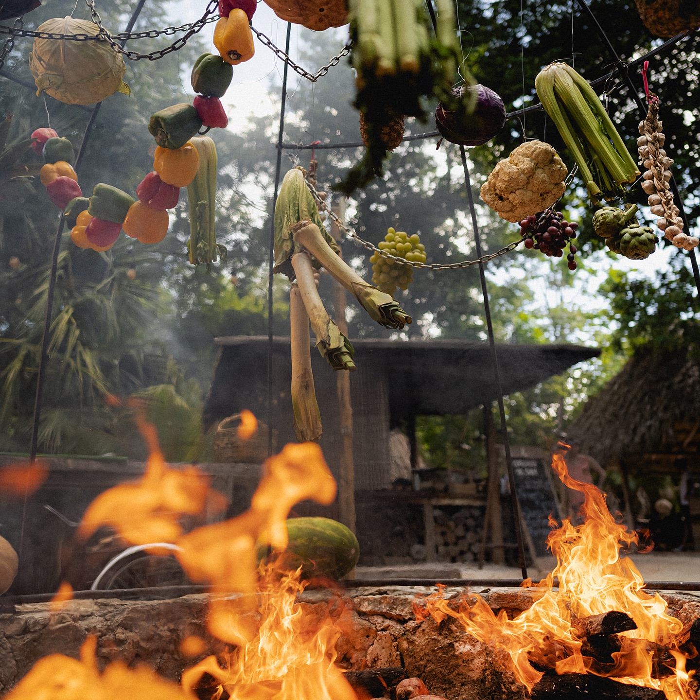Organic fruits and vegetables roasting over a fire at Fuegos de Xul-Ha on the Ruta de Cenotes.