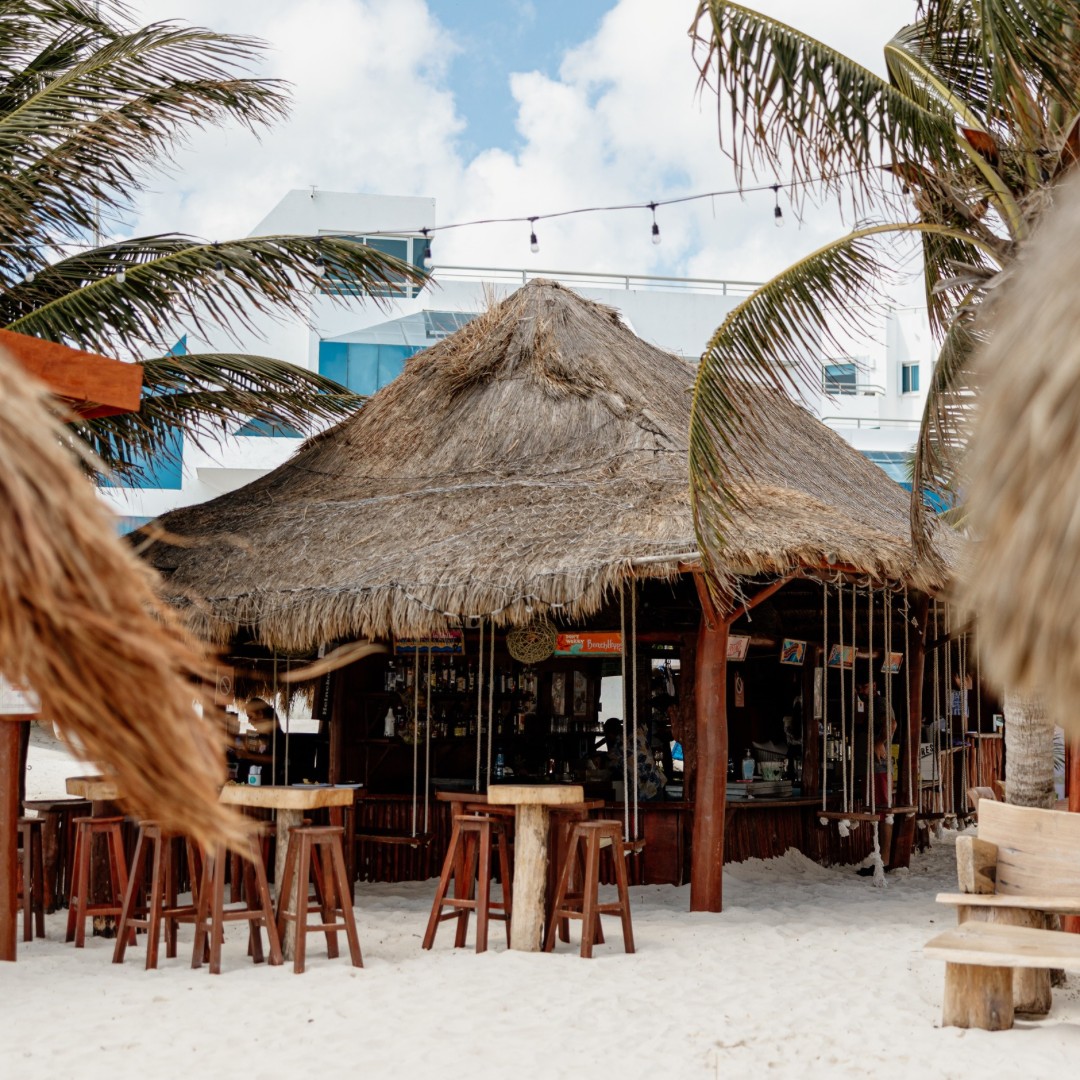 View of the main palapa at Unico Beach Club from the shoreline. There are multiple swings at the bar, as well as tables and stools under palm trees and palapas.