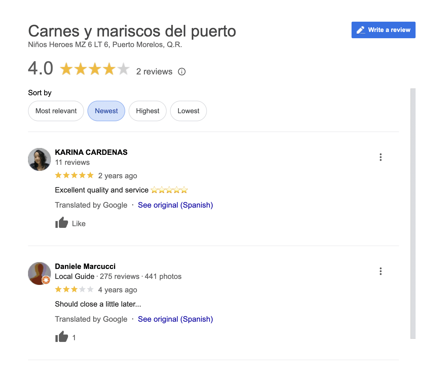 Google review for Carnes y Mariscos del Puerto (CYMDP) - a butcher shop on the portside of Puerto Morelos.