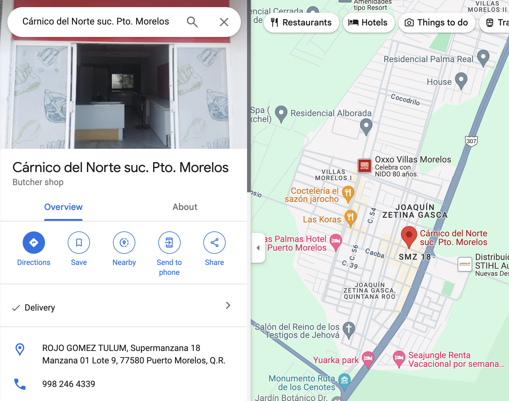 Google listing for Carnico del Norte carniceria butcher shop in the colonia of Puerto Morelos.