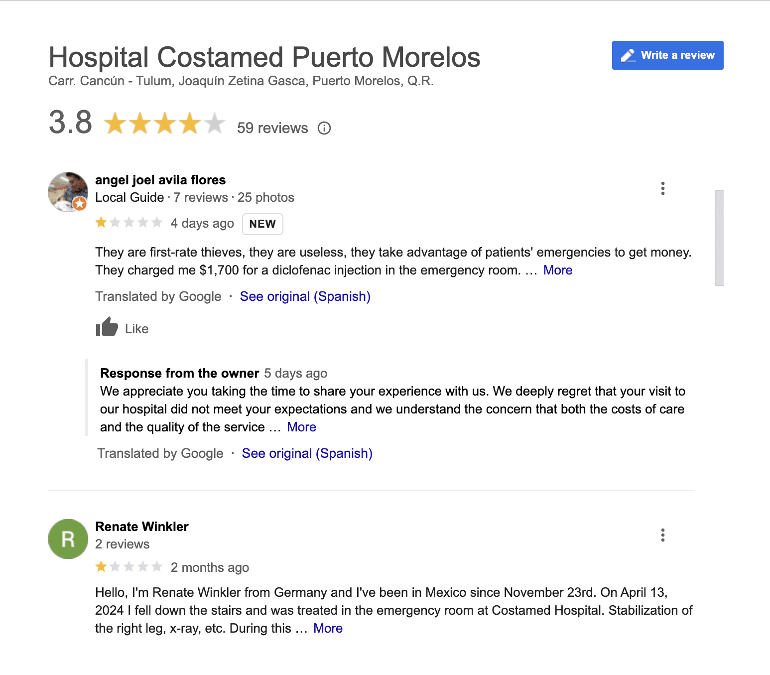 Costamed has a 3.8 star Google Review rating.