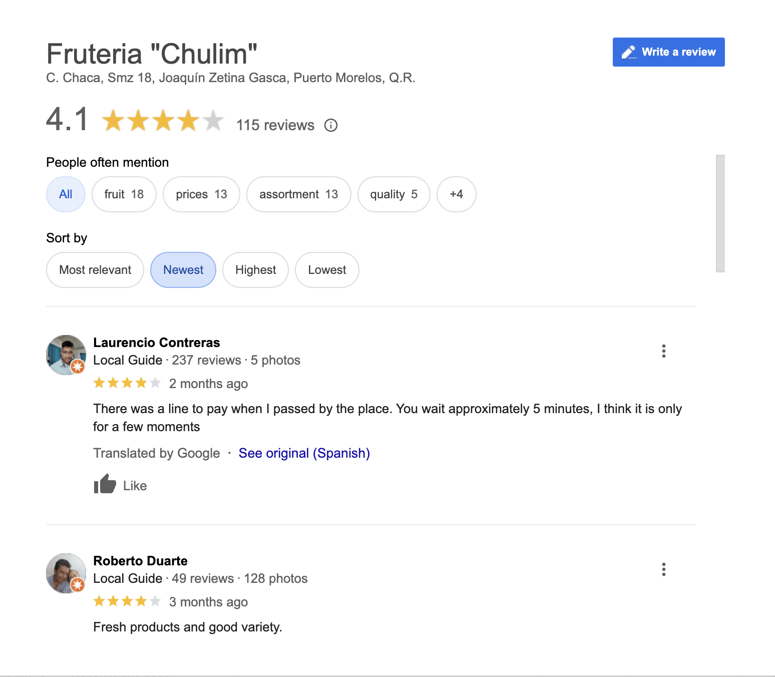 Google reviews for Frutería Chulim (produce stand) in the colonia of Puerto Morelos.