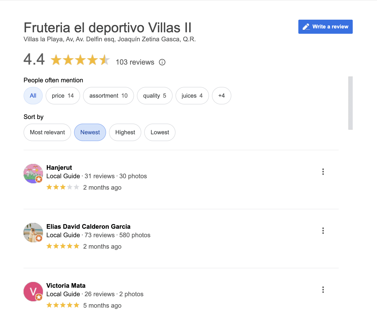 Google Review for Fruteria El Deportivo Villas 2 (produce stand) in Puerto Morelos. 