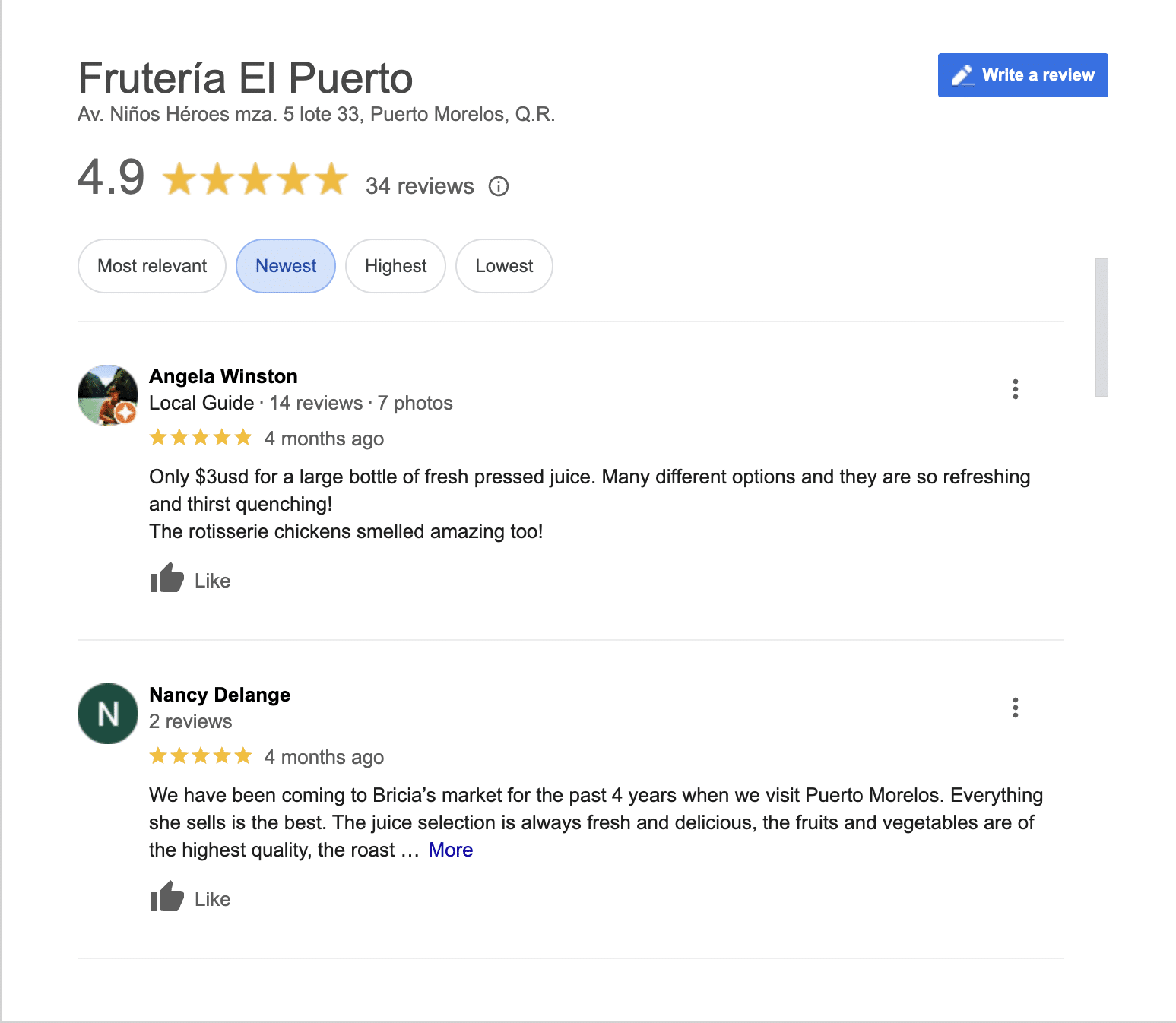 Google Review for Frutería El Puerto   (produce stand) in Puerto Morelos, Mexico.