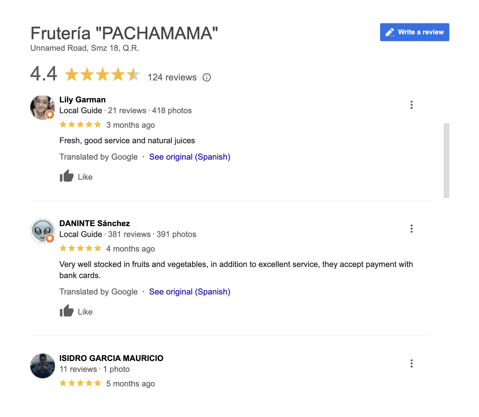 Google reviews for Frutería Pachamama (produce stand) in the colonia of Puerto Morelos.