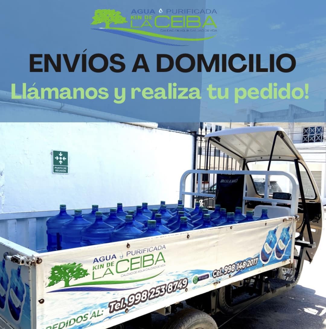 Image of a flyer by La Ceiba, a local drinking water company in Puerto Morelos. The image shows one of their delivery vehicles filled with garrafones (5 gallon or 20 litres) of drinking water.