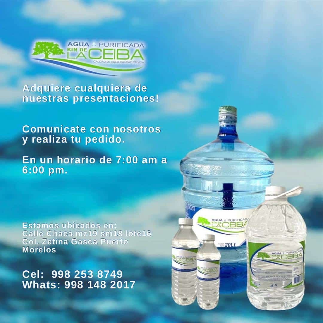 Flyer from La Ceiba drinking water company showing the various sizes of water products they carry for delivery to your home - from a 20oz bottle up to a 5 gallon (20L) garrafón.