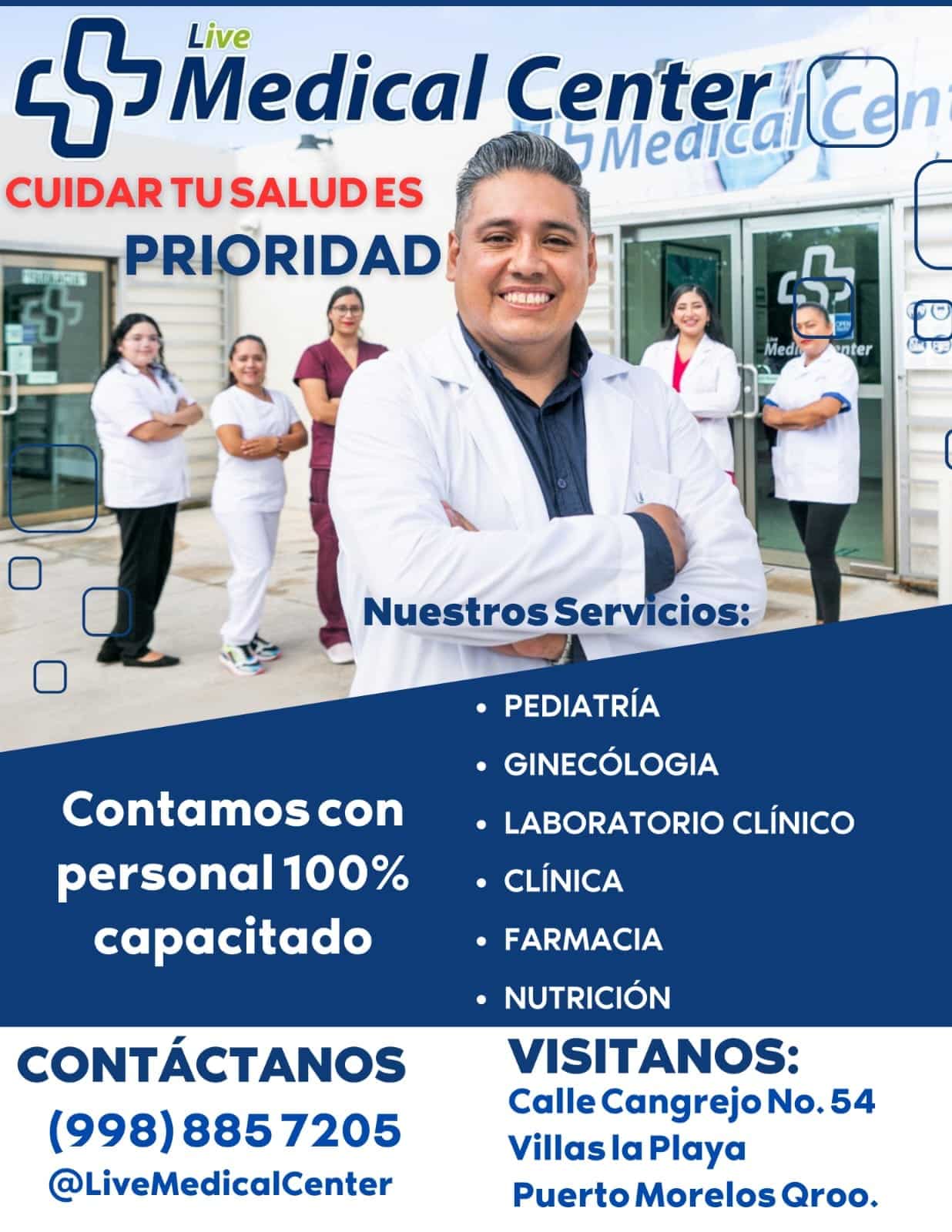 Flyer in Spanish for Live Medical Center, primary care providers in the colonia of Puerto Morelos.