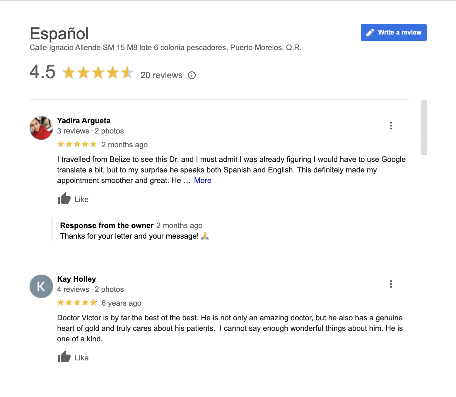 Médica Puerto Morelos has 4.5 stars on Google reviews.