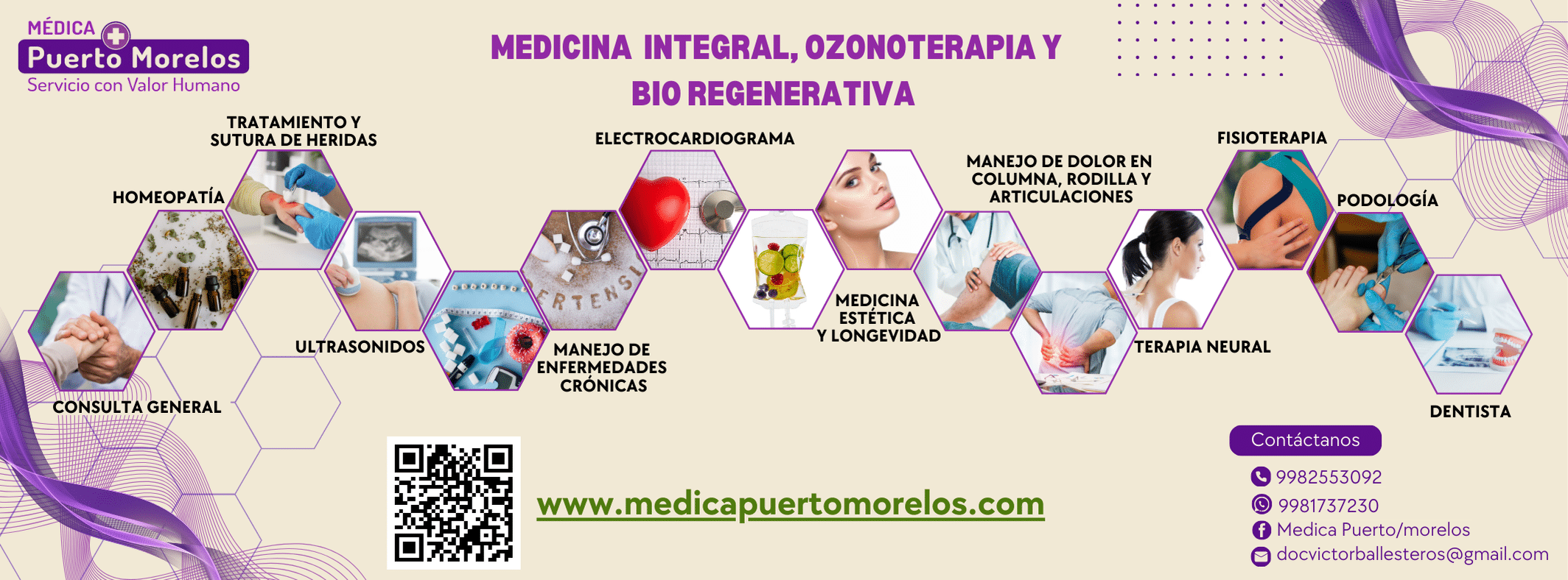 Médica Puerto Morelos provides primary care, homeopathic services, podiatry, EKG, stitches, and more.