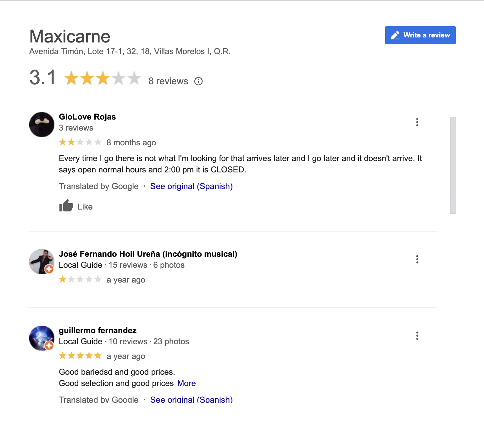 Google review for Mexicarne Puerto Morelos, a butcher shop in the colonia.