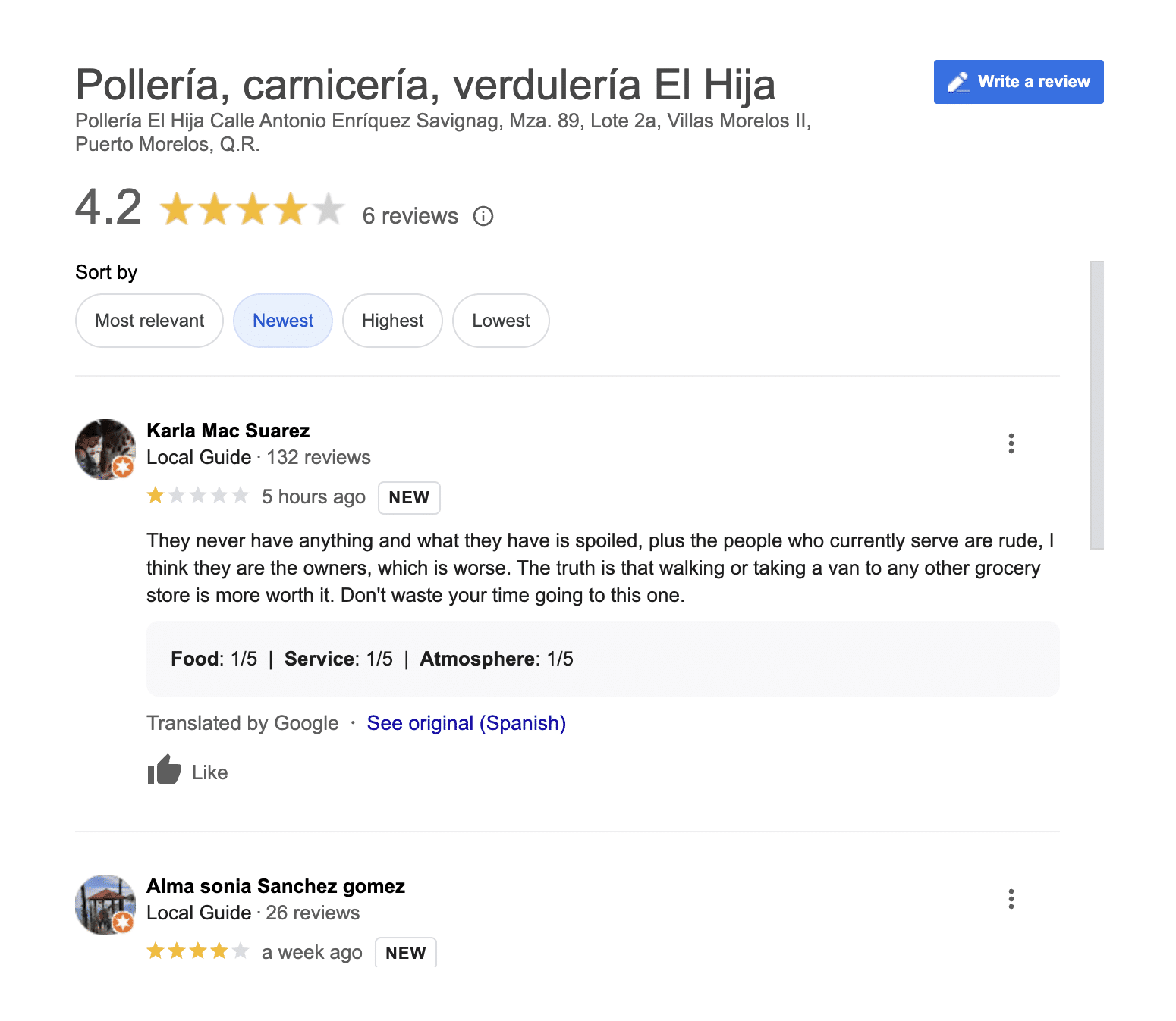 Google reviews for Polleria Carniceria Verduraria El Hija (produce and butcher shop) in the colonia of Puerto Morelos.