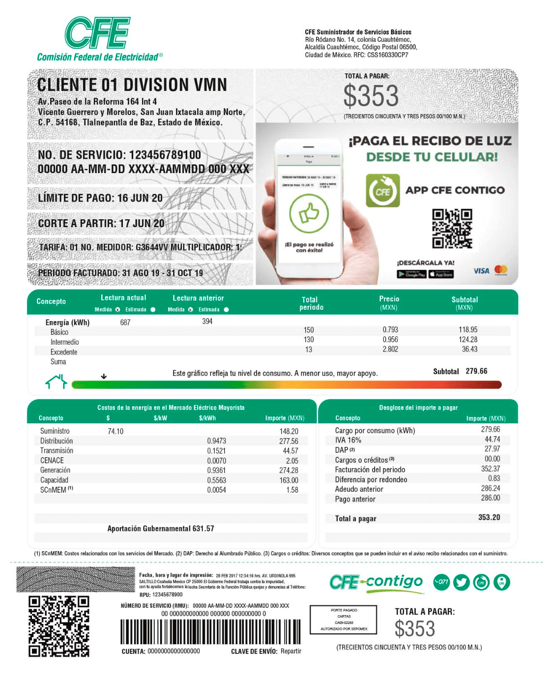 An image of the sample front page of the CFE bill for electricity in Puerto Morelos, Mexico.