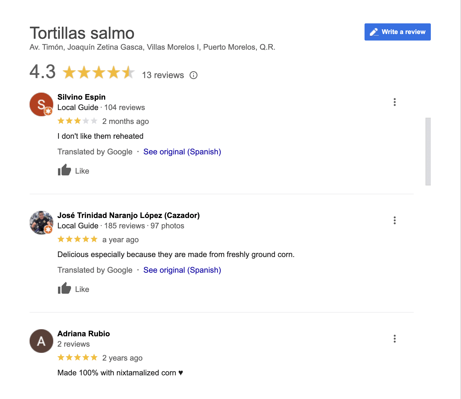 Google review for Tortillas Salmo, a great spot to get fresh, hot corn torillas made from ground corn (rather than maseca) in the Villas 1 neighborhood of the colonia of Puerto Morelos.