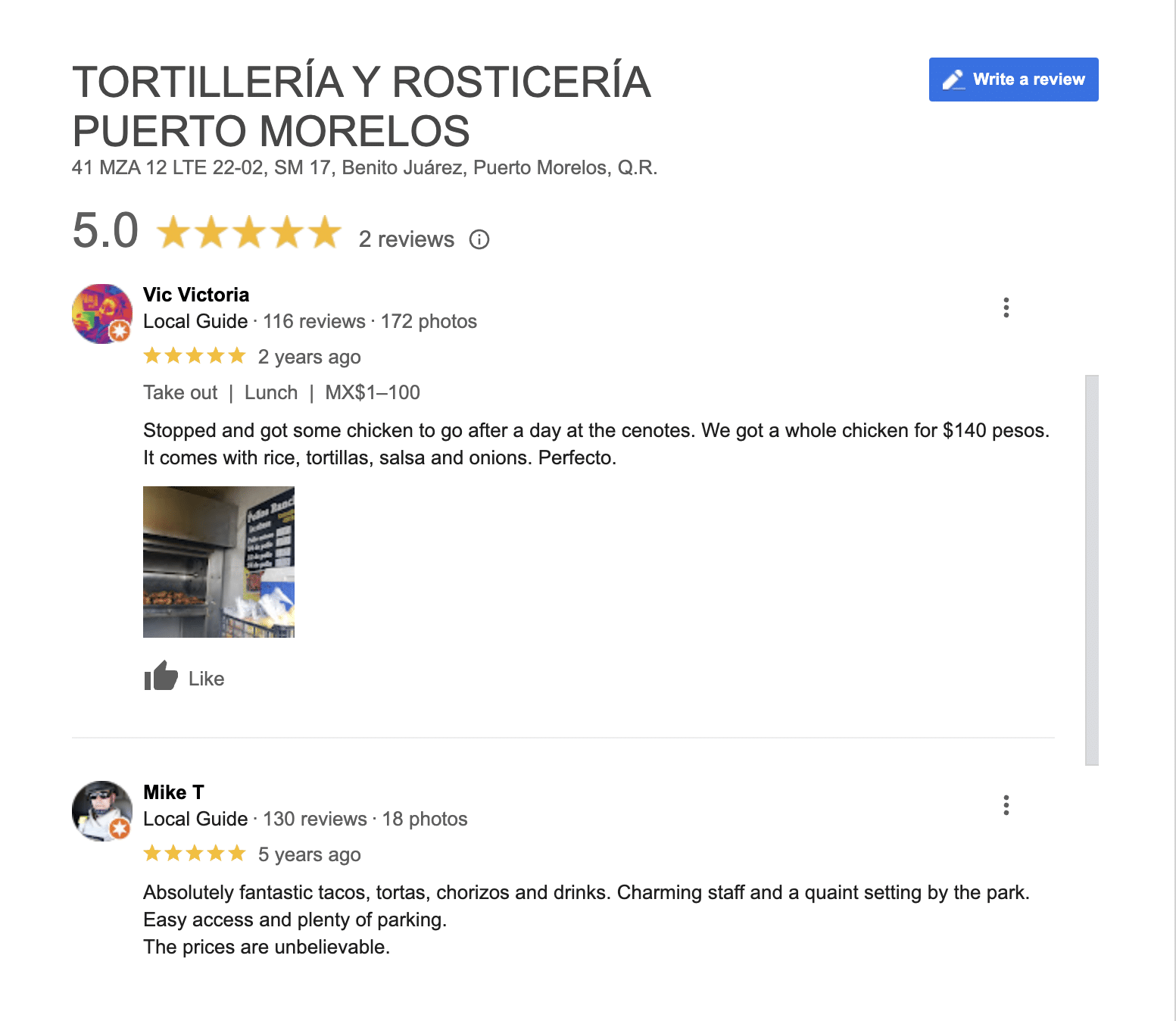 Google review for Tortillería y Rosticería Puerto Morelos - a great location for tortillas and roasted chicken!