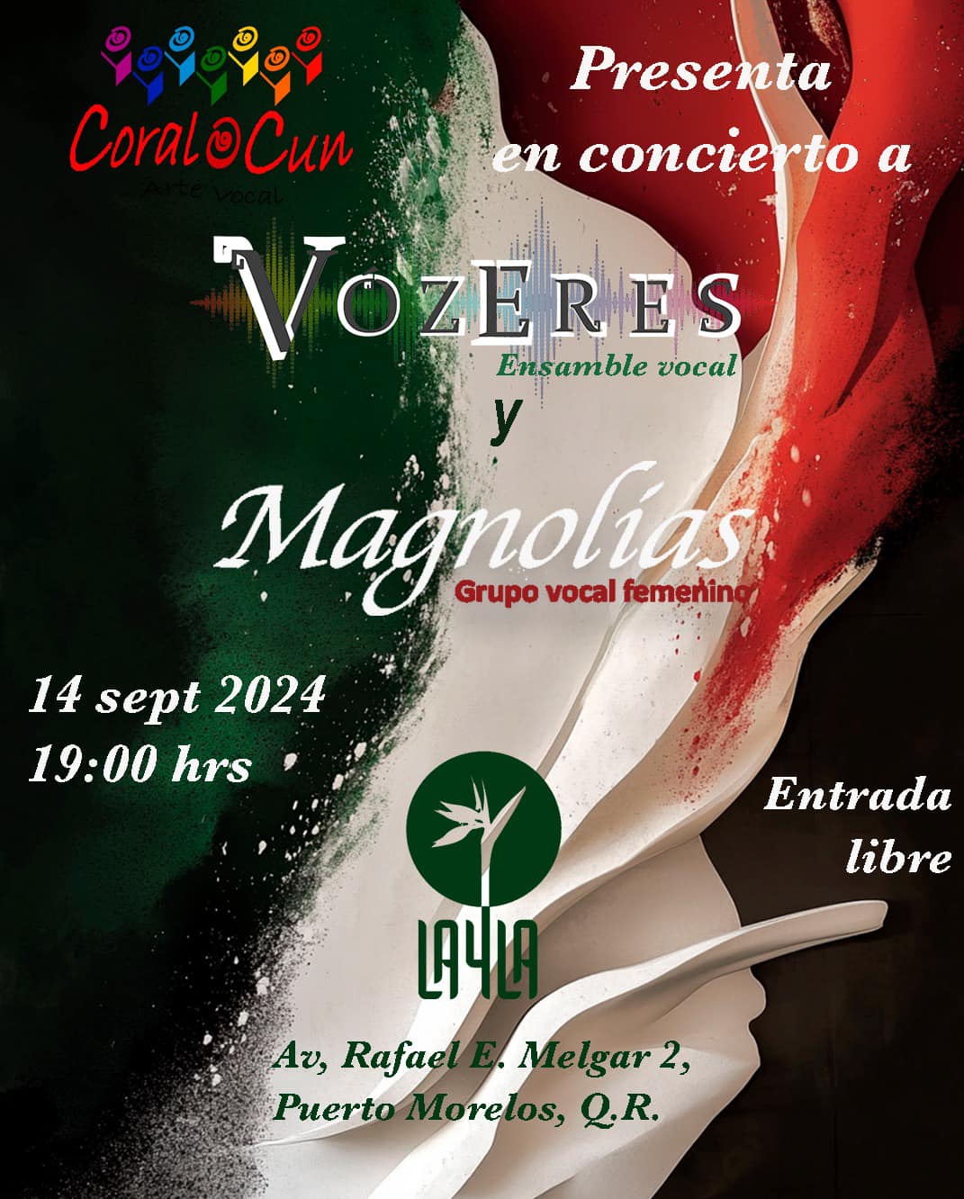 Flyer for a FREE CoralCun event at Layla on Friday 9/13 at 7pm featuring a female vocal group. 