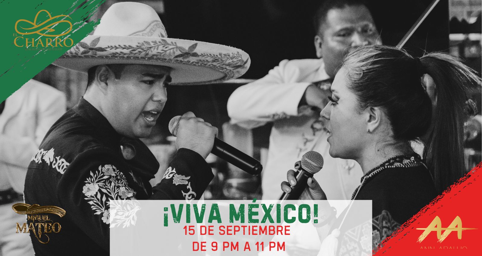 A black and white image of Ann Araujo and Miguel Mateo singing. This is a flyer for an event to be held at El Charro Puerto Morelos on 9/15/24 from 9-11pm. Reservations recommended.