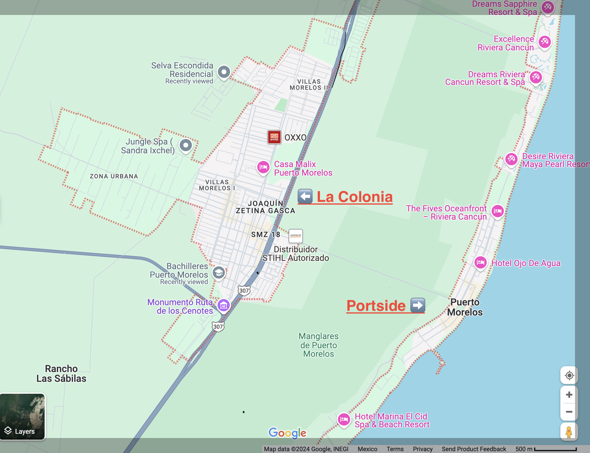 Image from Google Maps showing the two sides of Puerto Morelos. La Colonia is the side of town to the west of Hwy 307 and Portside is to the east of the highway.