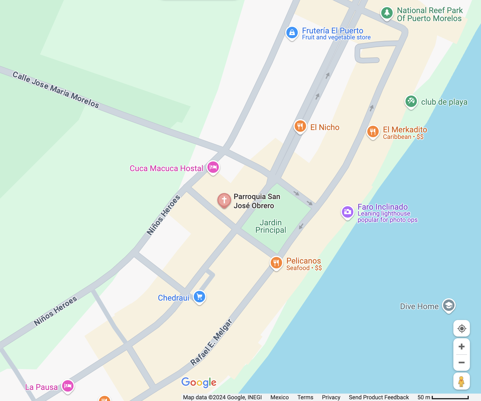 Image from Google maps of Puerto Morelos main square and the location of the Wednesday morning Farmer's Market.