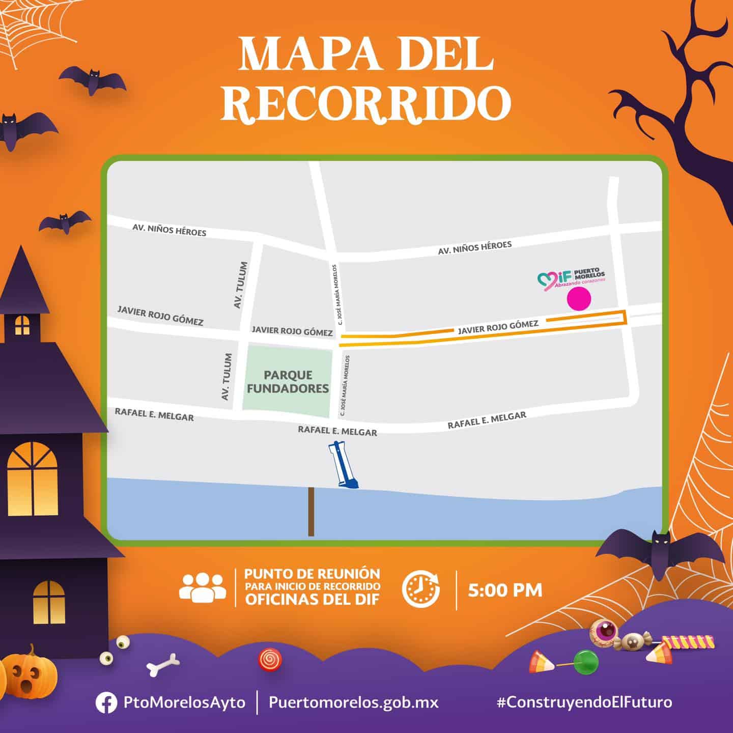 The city of Puerto Morelos is hosting a costume contest for kids age 2-10 and trick-or-treating on Saturday, November 2nd starting at 6pm. Participants will meet at the DIF site on the map at 5pm to start off the parade from there on the route shown.