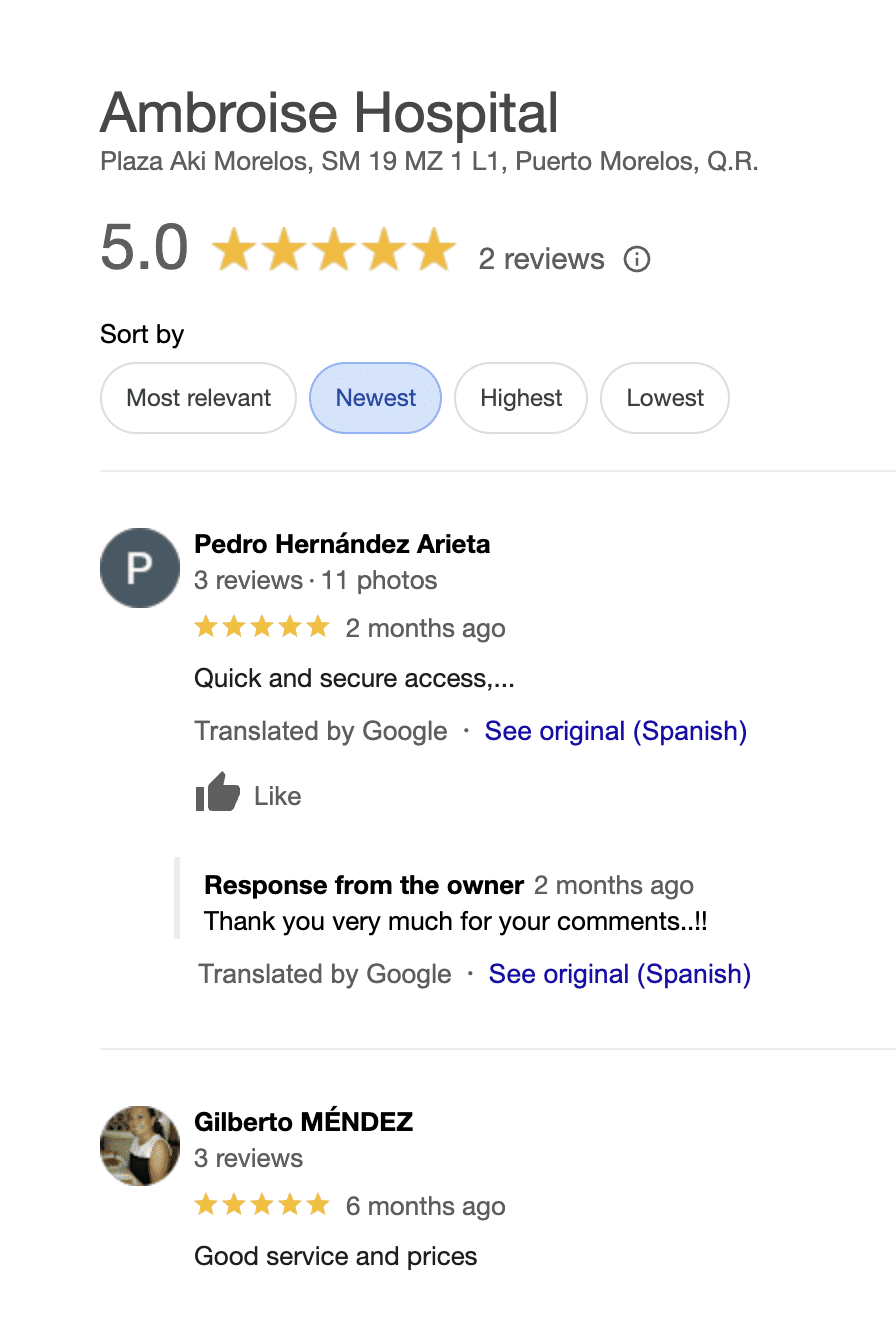 5 star Google Review of Hospital Ambroise