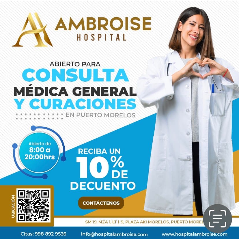 Flyer for Hospital Ambroise in Puerto Morelos offering 10% off on general medicine consults. 