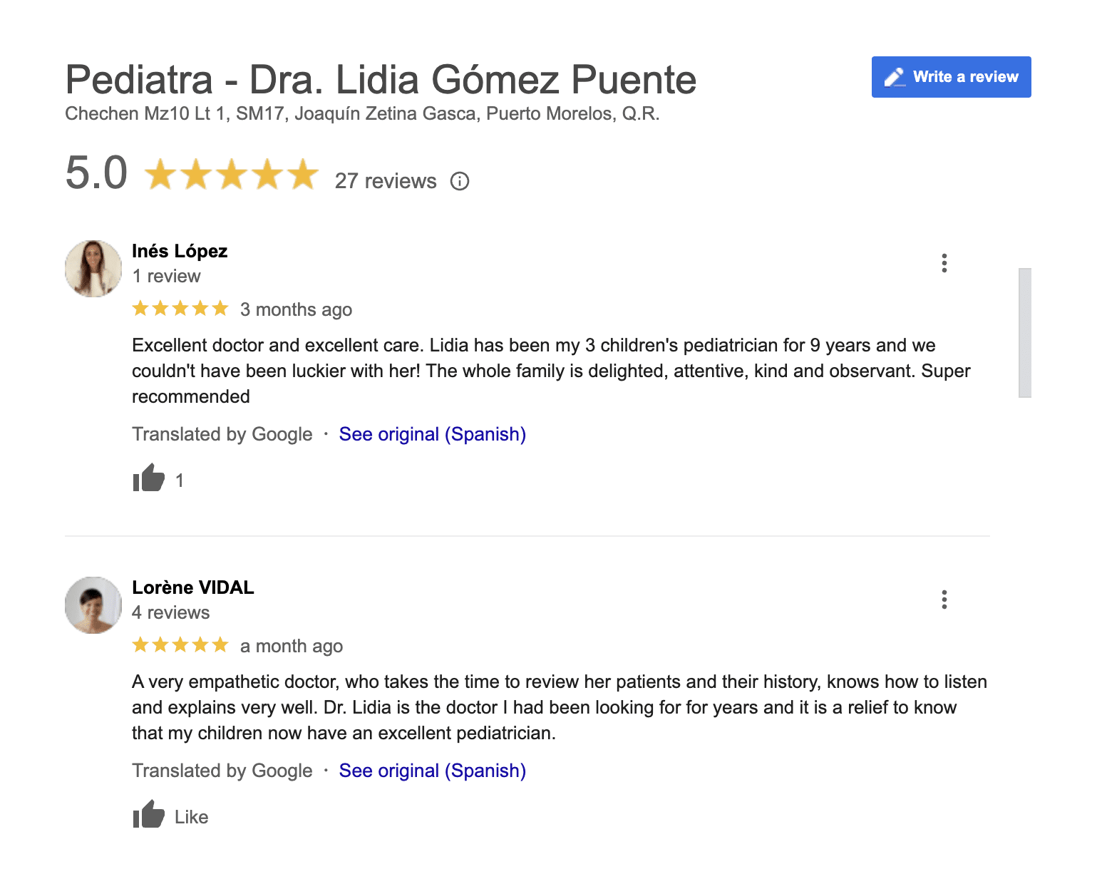 Pediatrician Dr. Lidia Gomez Puente is a well respected and frequently recommended physician in Puerto Morelos.