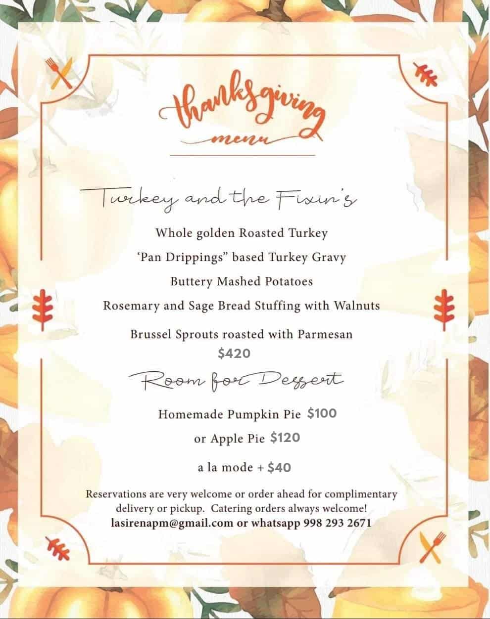 Menu for La Sirena Puerto Morelos Thanksgiving Dinner November 28 2024.