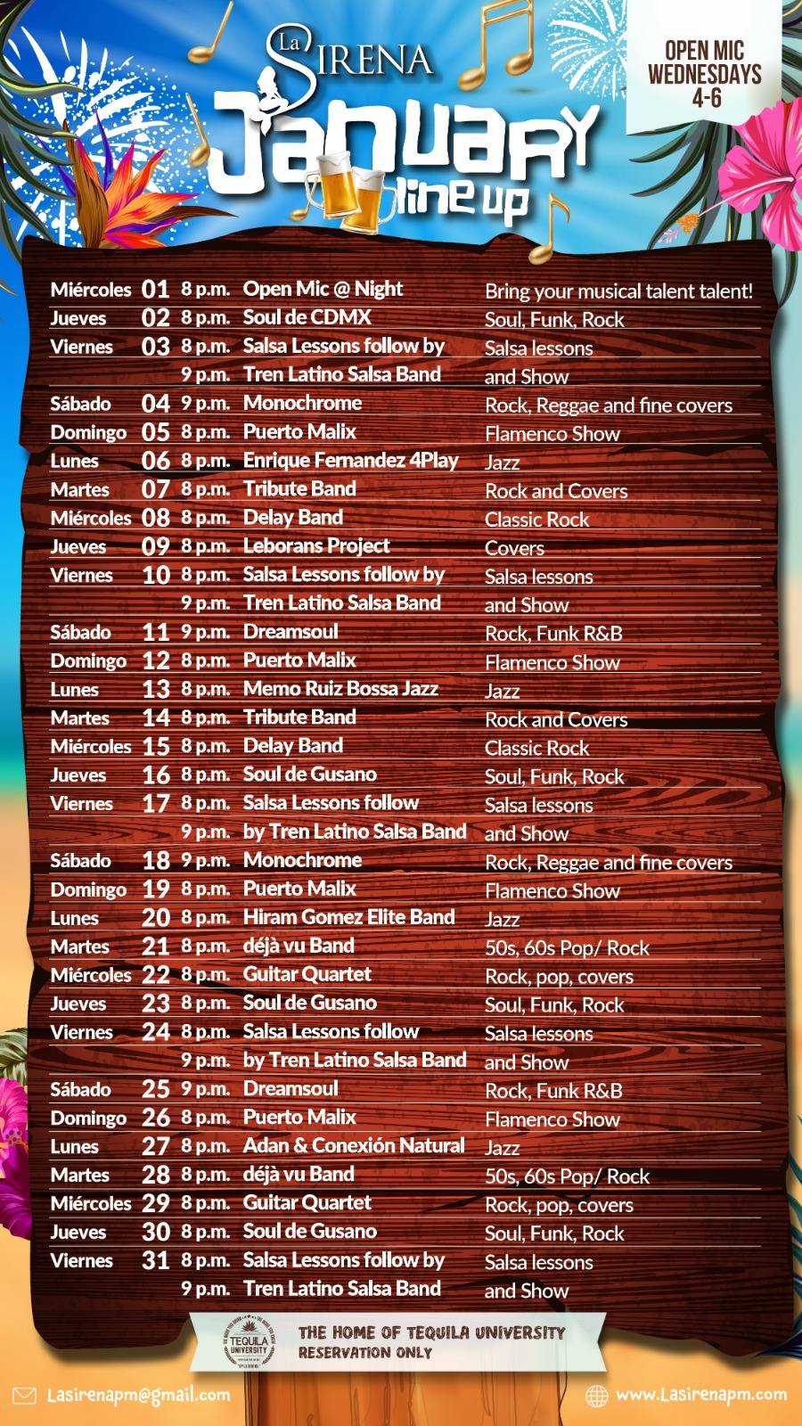 Here's the January 2025 live music schedule for La Sirena Puerto Morelos.