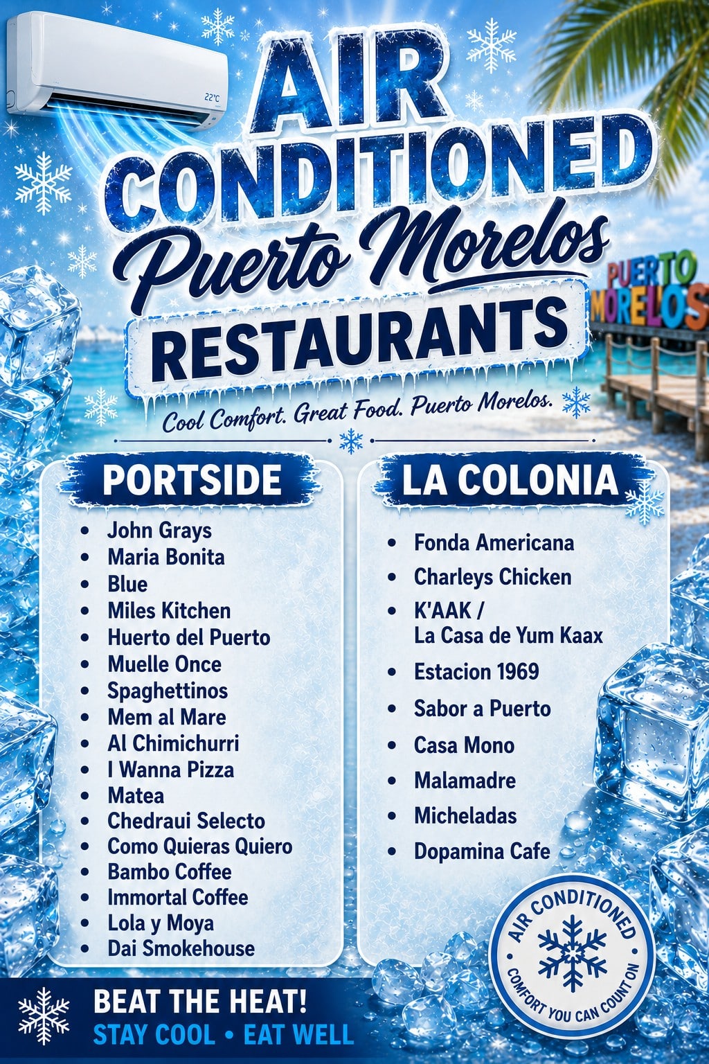 Air Conditioned Puerto Morelos Restaurants courtesy of Ron Haugen and True Friends & Expats of Puerto Morelos Facebook group