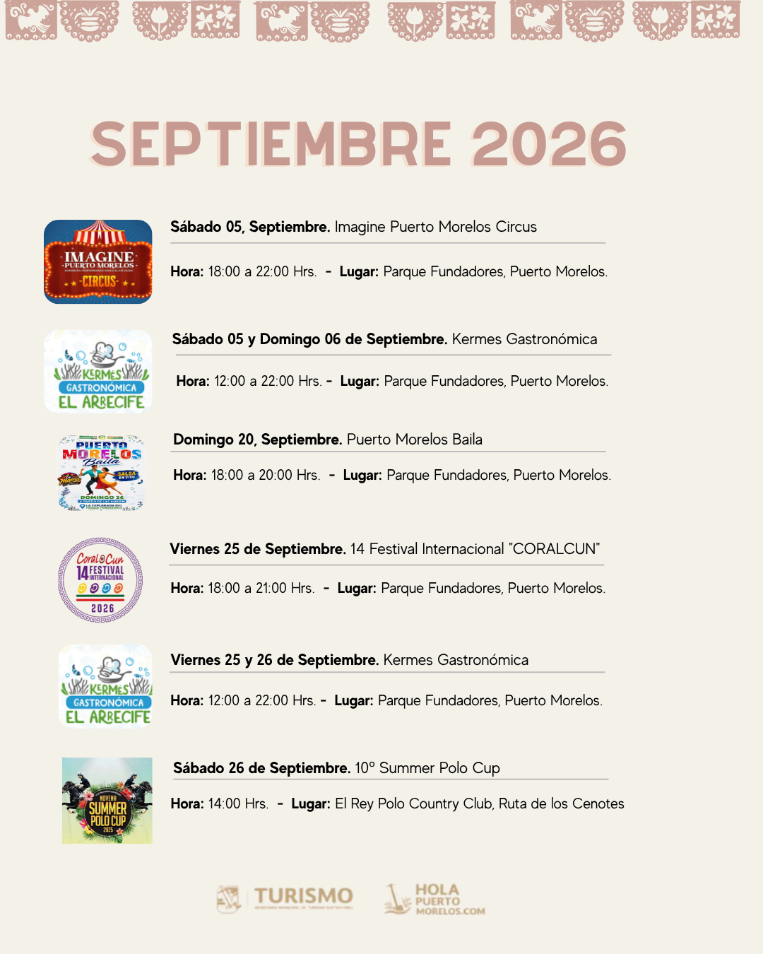 Puerto Morelos Turism tourismo calendario calendar September septiembre 2026