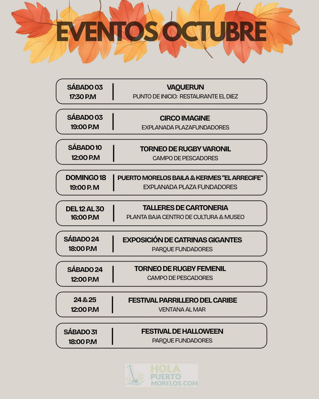 Puerto Morelos Secretary of Tourism October 2026 Event calendar